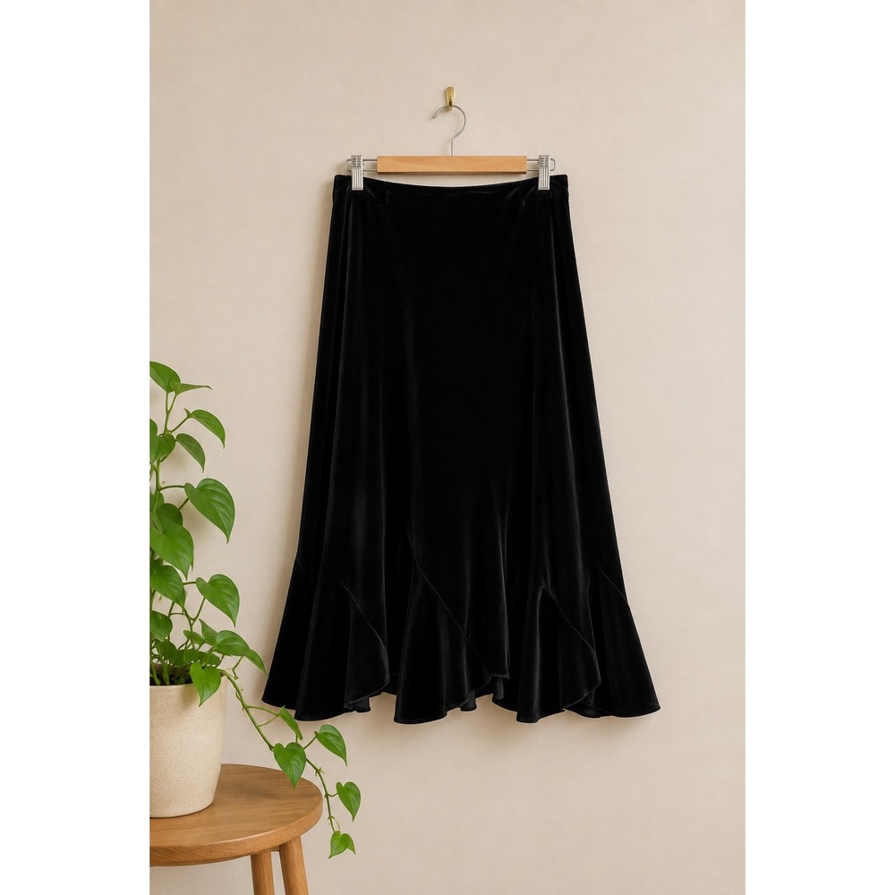 Style & Co Black Velvet Tulip Hem Midi Skirt XL Witchy Whimsigoth Holiday Flowy